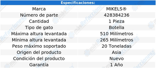 Gato Botella Hidroneumatico Mikels 20 Ton Tornillo Gn-20