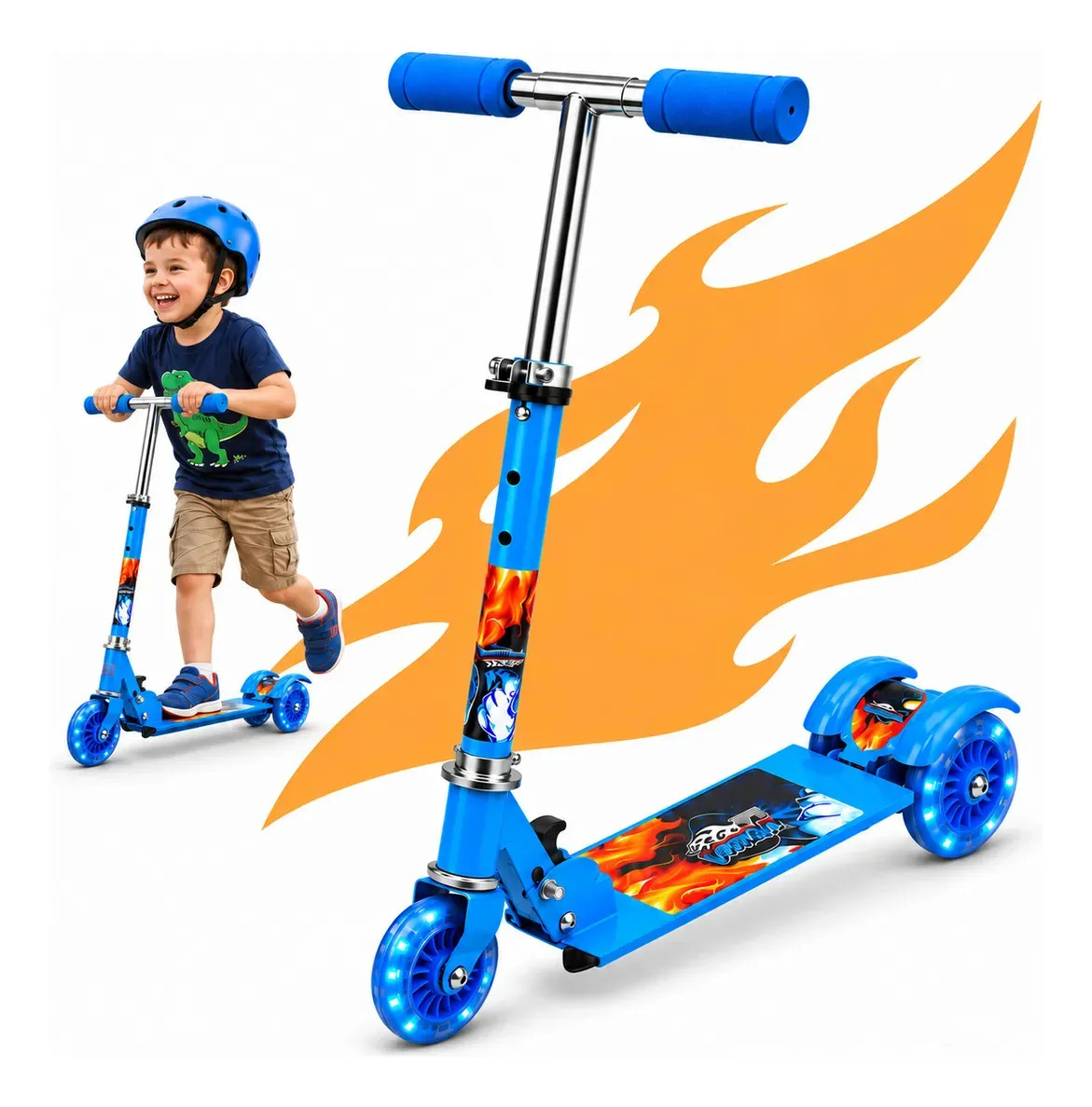 Patinete Infantil Menino Menina Dobravel 3 Rodas Com Luzes Led Com Ajuste Altura Kizumba Cor Azul