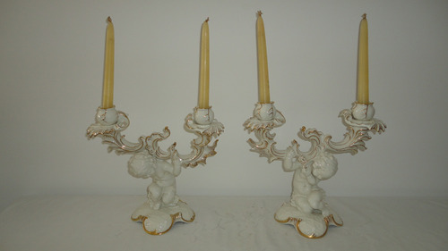 Raro Candelabro Aleman Rococo Muy Antiguo Con Querubin Vealo (Usado)