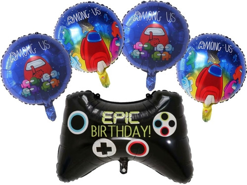 Pack 5 Globos Metalizados 1 Control Gamer 4 Amoung Us 45 Cms