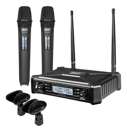 Microfone Sem Fio Duplo Skp Com Transmissor Uhf 600 Pro