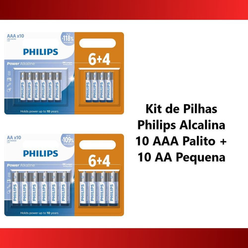 20 Pilhas Alcalinas Philips 10 Aa Pequena + 10 Aaa Palito