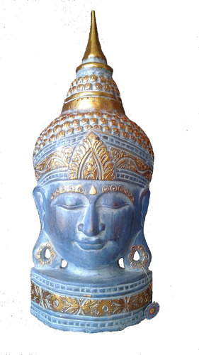 Imagen 1 de 1 de Figura Tallada Buda Madera De Albesia Azul Dorado Plata 60cm