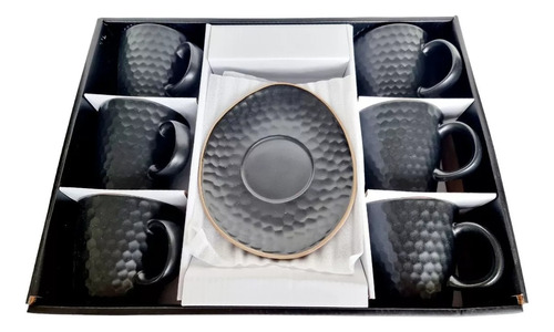 Set Por 6 Tazas+plato Diseño Panal Black/ De Ceramica 250ml.