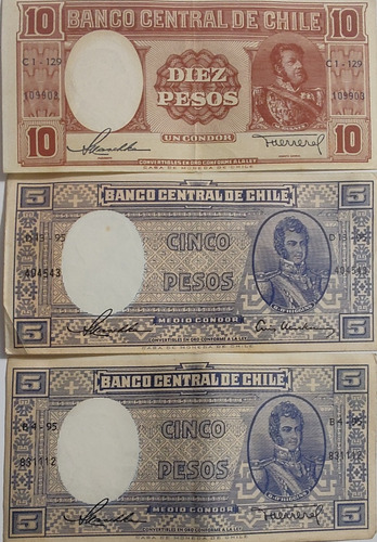 3 Billetes Chile 5 - 10 Pesos Mascke Herrera -mackenna(bb109