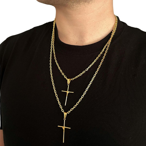 Corrente Cadeado 3mm + Pingente Cruz Crucifixo Amarrado Cor Dourado