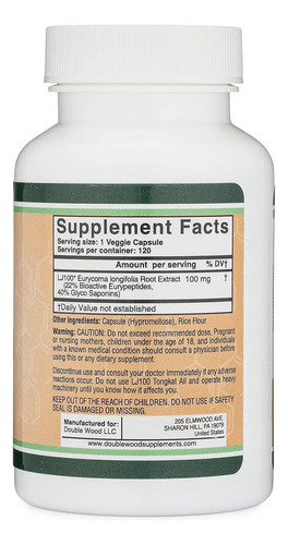 Double Wood Lj100 Tongk A T Ali 100 Mg 120 Capsulas Apoyo A La Salud Masculina Suplemento de salud solo clínicamente probado y patentado Tongkat Ali Formula (LJ100 Std a 40% de glicosaponinas).
