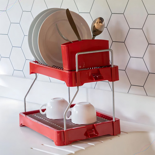 Escurridor de vajilla compacto con cable, soporte para cubiertos de color rojo
