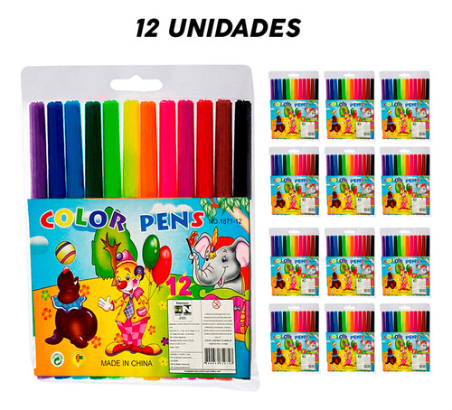 Kit Com 12 Estojos De Canetinha Hidrográfica 12 Cores