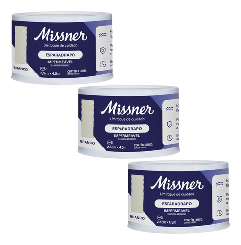 Kit 3 Esparadrapo Impermeável Branco 2,5cm X 4,5m - Missner