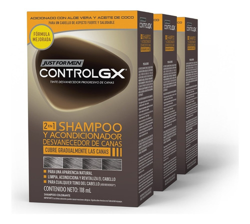  Shampoo y Acondicionador Just for Men Control Gx, Desvanecedor De Canas, Castaño Claro a Negro, Paquete de 3, 118ml