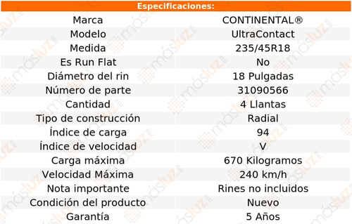 4 Llantas Ultracontact Continental Medida 235/45r18 94v