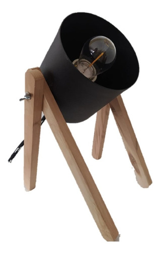 Imagen 2 de 9 de Velador Cinema Madera Nordico Lampara De Mesa Textil + Led