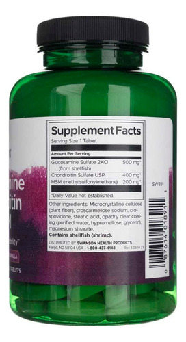 Glucosamina, condroitina MSM Swanson 120 tabletas, sabor sin sabor