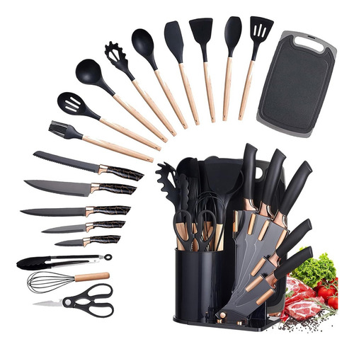 20 Piezas Set De Cuchillos Utensilios De Cocina De Silicona, Incluyendo Cuchillos, Espátulas Antiadherentes Y Cucharas De Sopa Con Base De Madera Negra Color