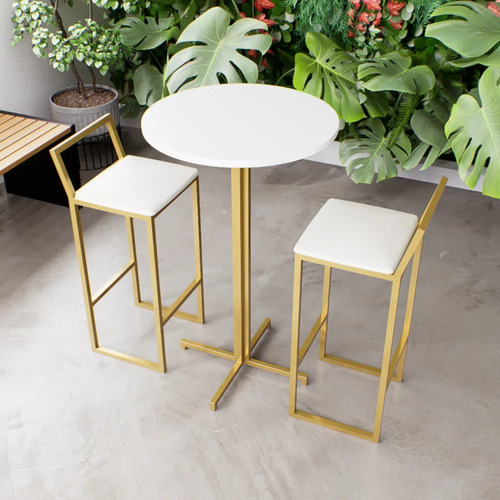 Mesa Alta Bistrô Dourada Tampo Redondo Branco Industrial Cor Dourado