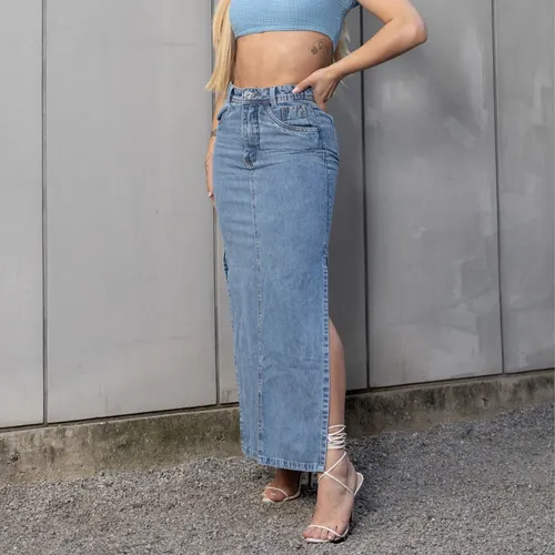 Saia Longa Jeans Feminina Com Fenda Lateral Cintura Alta