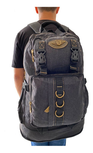 Mochila Masculina Lona Notebook Caça Viagem 50 Litros Grande Cor Preto Desenho Do Tecido Liso