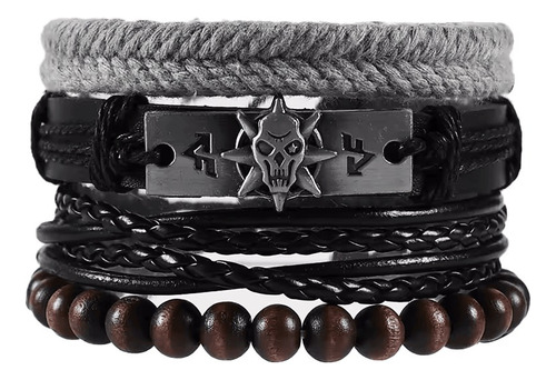 Pulsera Hombre Cuero Genuino Brujula Set 4 En 1 Brazalete