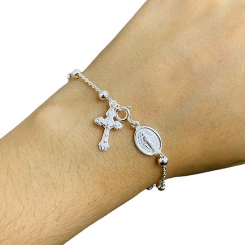 Pulsera Denario Plata 925 Cruz Comunión Virgen Milagrosa 