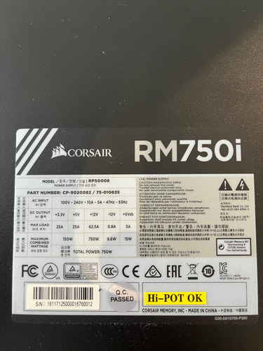 Fuente De Poder Corsair Rm750i 80 Plus Gold 750 Watts Negro (Usado)