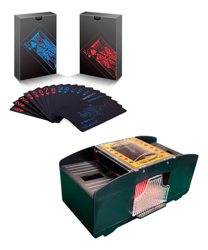 Set De 2 Barajas Cartas Plastico + Barajador Automático Reverso Negro Idioma Español Personaje Sin Personaje