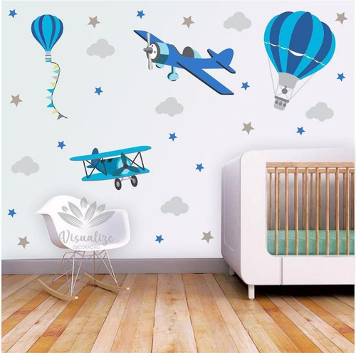 Adesivo De Parede Decoração Infantil Aviões Balões  Azul