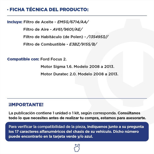 Imagen 2 de 5 de Kit 4 Filtros Completo Ford Focus 1.6 - 2.0 Original