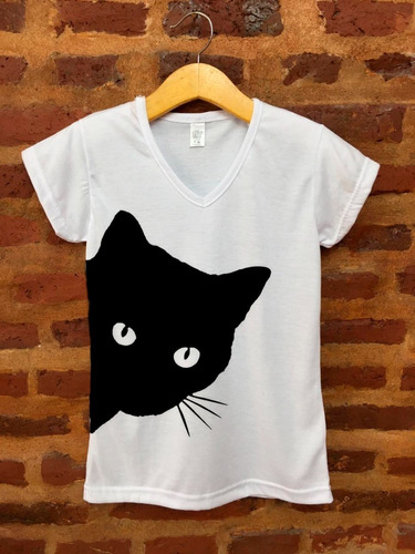 Remera Mujer Gato Negro - Aesthetic Escote V