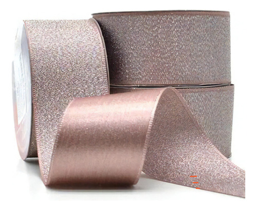 Rolo Fita De Cetim Lurex Brilho 38mm 10 Metros P/ Laços Arte Cor Rose gold