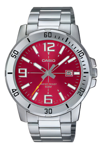 Reloj Casio Mtp-vd01d Colores Acero Inoxidable Para Hombre Correa Plateado Bisel Plateado Fondo Rojo