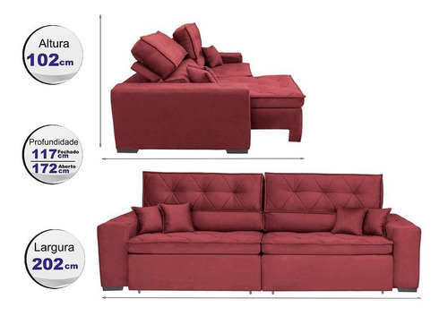 Sofá Austin 2,02m Retrátil, Reclinável com Molas no Assento e Almofadas, Suede Vinho Cama inBox