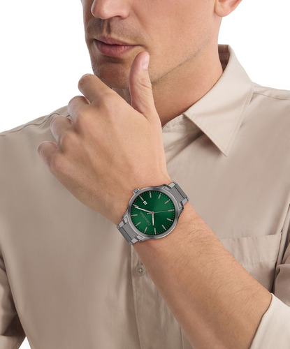 Reloj Calvin Klein Hombre Analógico Negro 25200350 Correa Gris Fondo Verde Oscuro