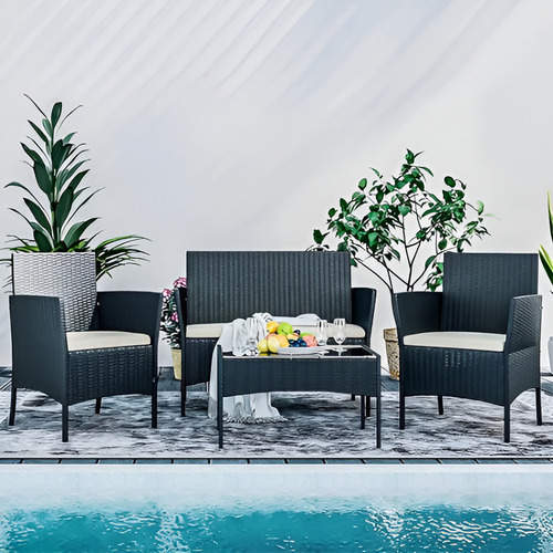 Juego Terraza Rattan 4 Piezas Negro Con Beig Terraza/piscina