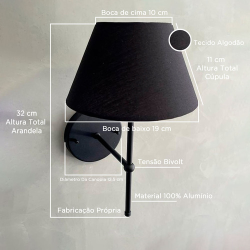 Arandela De Parede Preto Fixa Em Aluminio Com Cupula Preto Sala De Estar / Quarto / Hall de entrada / Corredor Tecido Algodao Tensao 127/220V