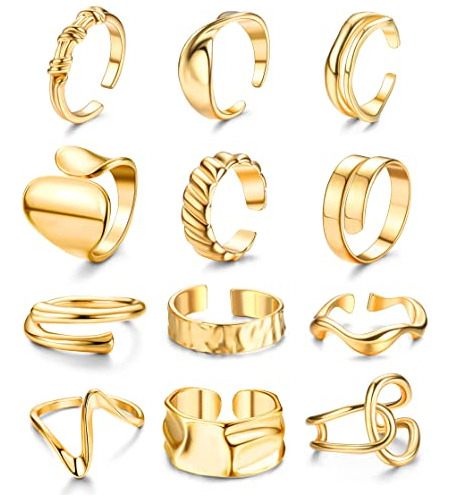 Fibo Steel 12 Anillos Gruesos De Oro Para Mujer, Anillos Gru