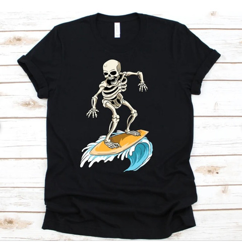 Polera Unisex Calavera Surfista Ola Surf Algodon Estampado