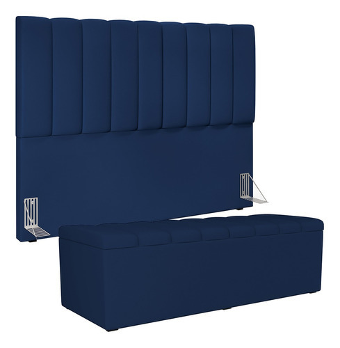 Kit Cabeceira Box 160 Cm Calçadeira Dália Suede Azul Marinho Cor Azul-marinho