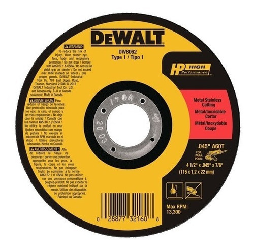 Disco De Corte Para Metal 115mm Dw8062 - Dewalt