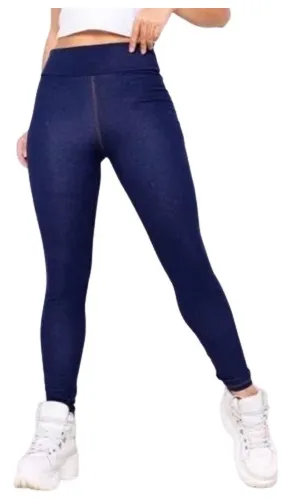 Calça Legging Jeans Cintura Alta Com Bolso Costura Reforçada