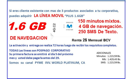Imagen 1 de 3 de  Linea Movistar 4g 3g Corporativa Gsm Lte Internet Chip Bam