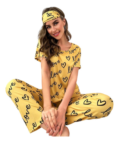 Pijama Shein Conjunto Remera, Pantalón Y Antifaz Mujer