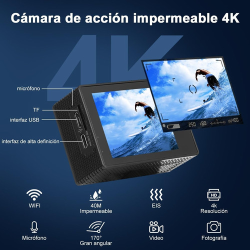 Cámara De Acción 4k Casco Moto 35m Wifi 12mp Viaje Seguro Negro