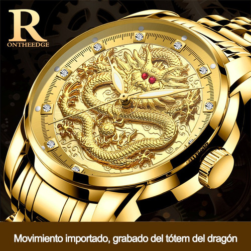Reloj De Cuarzo Dragón Con Anillo Dorado