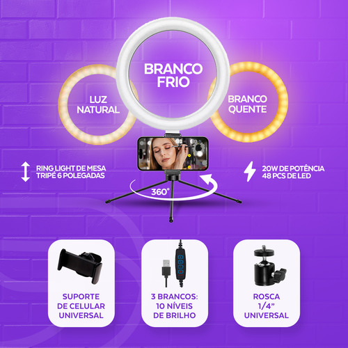 Kit Youtuber 2 Ringlinght Iluminador Lapela Bluetooth Selfie Estrutura Preto Luz 3 Temperaturas Dreamfull