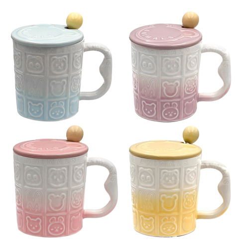 Set De 4 Tazas De Cerámica Tapa Y Cuchara Diseño 350ml Varios Animales