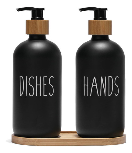 Set De Baño 500ml De Vidrio Con Bandeja De Bambú 3 Piezas Color Negro