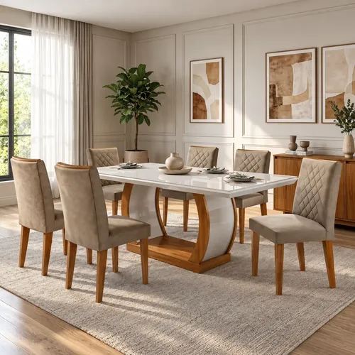 Conjunto Sala De Jantar Mesa Tampo De Vidro 6 Cadeiras Animalle Chocolate Off White/imbuia/off White