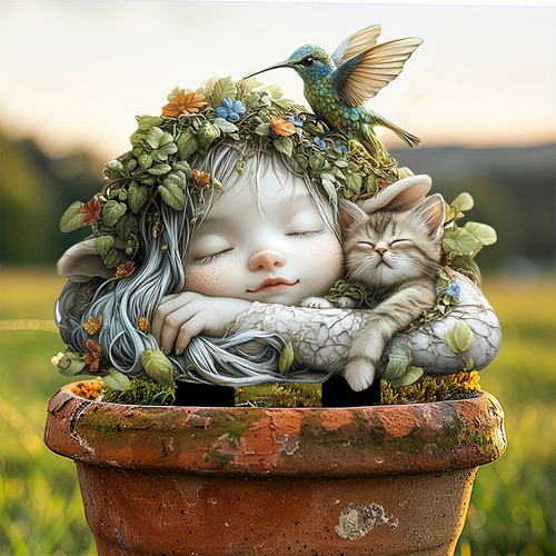 Escultura Artística De Un Encantador Colibrí Y Un Jardín Dor