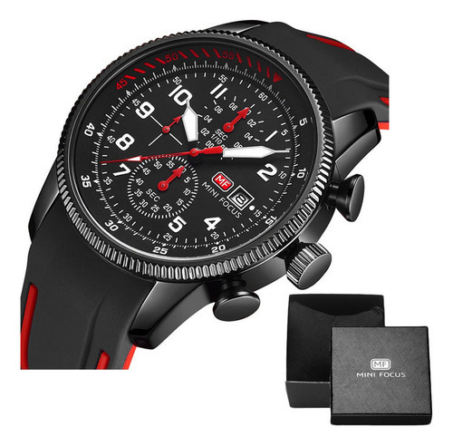 Relógio de pulso Mini Focus MF0379G com corpo azul,  analógico-digital, para masculino, com correia de cinto de silicone cor preto e vermelho e fivela de gancho